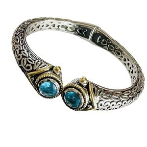 Two Toned Hinged Bangle Bracelet with Faceted Aqua Blue Glass Crystals